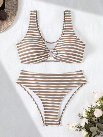 Swim Vcay Women's Summer Beach Striped Fashionable Bikini And Triangle Panty Swimwear Set, Women Vacation Outfit Sets, Beach Outfits For Woman 2 Piece