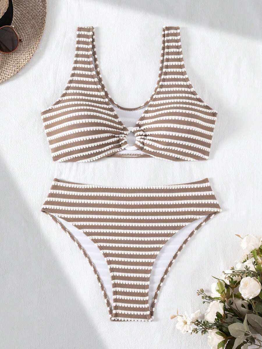 Women's 2-Piece Striped Bikini Set - V-Neck, High Waist, Knot Detail, Multicolor