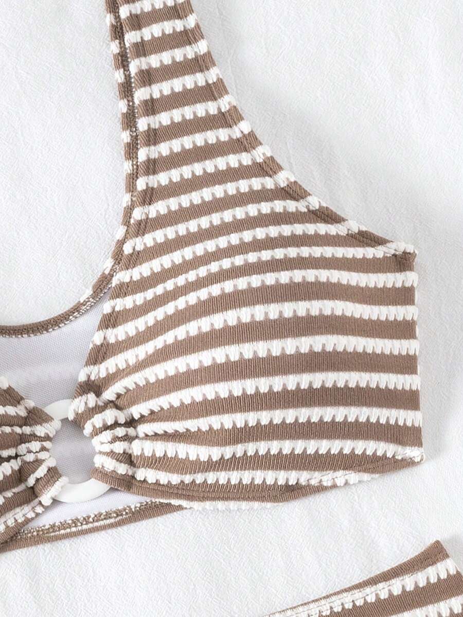 Women's 2-Piece Striped Bikini Set - V-Neck, High Waist, Knot Detail, Multicolor
