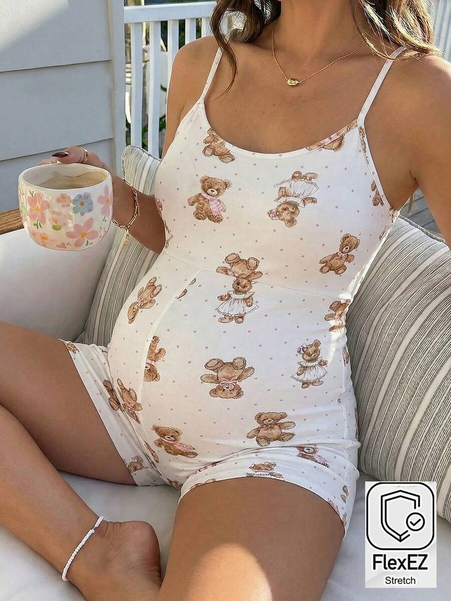 Maternity Summer Casual Polka Dot Bear Print Sleeveless Jumpsuit Cute