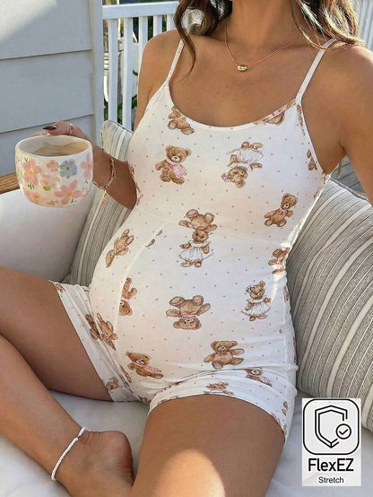 Maternity Summer Casual Polka Dot Bear Print Sleeveless Jumpsuit Cute