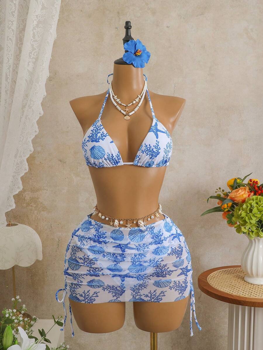 Women's 3-Piece Leopard Print Bikini Set - Halter Triangle Cup, Mesh Skirt, Tie Side, Multicolor