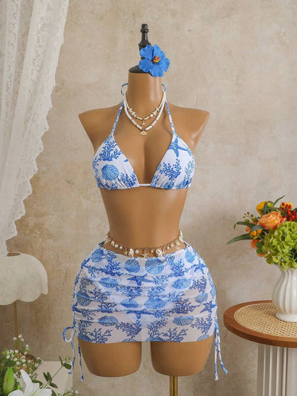 Women's 3-Piece Leopard Print Bikini Set - Halter Triangle Cup, Mesh Skirt, Tie Side, Multicolor