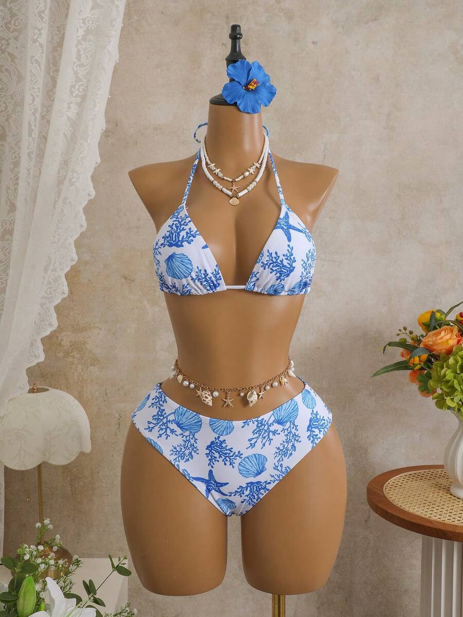 Women's 3-Piece Leopard Print Bikini Set - Halter Triangle Cup, Mesh Skirt, Tie Side, Multicolor