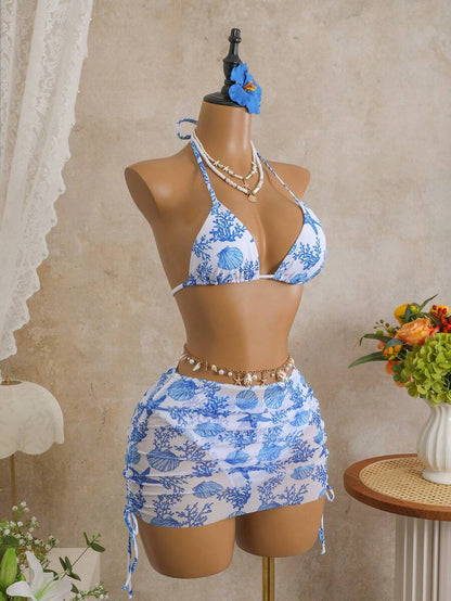 Women's 3-Piece Leopard Print Bikini Set - Halter Triangle Cup, Mesh Skirt, Tie Side, Multicolor