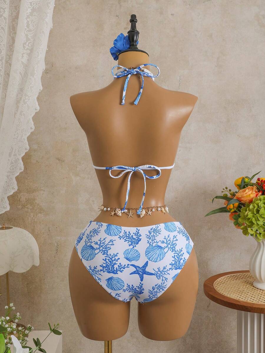 Women's 3-Piece Leopard Print Bikini Set - Halter Triangle Cup, Mesh Skirt, Tie Side, Multicolor