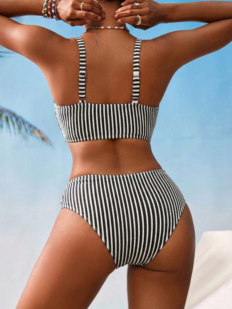 Swim Vcay Women V-Neck Textured Striped Bikini Set For Summer Beach Vacation