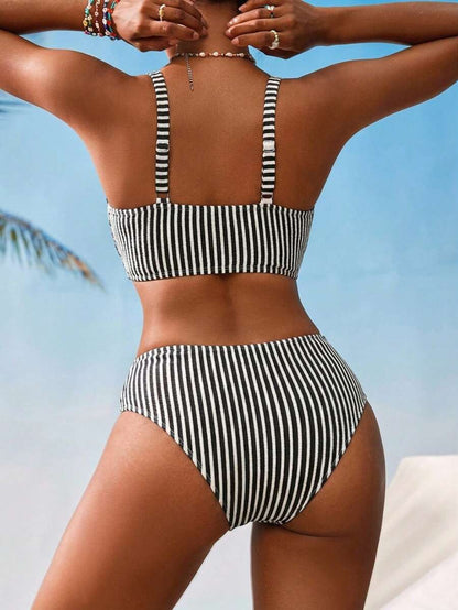 Swim Vcay Women V-Neck Textured Striped Bikini Set For Summer Beach Vacation