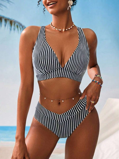 Swim Vcay Women V-Neck Textured Striped Bikini Set For Summer Beach Vacation