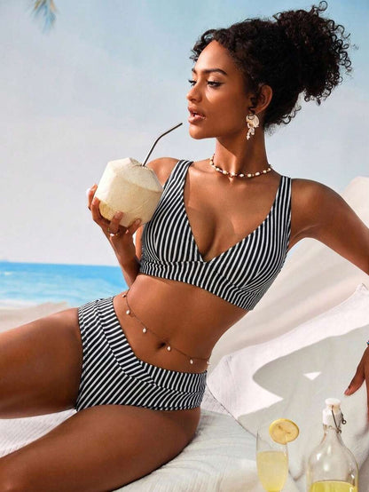 Women's V-Neck Textured Tankini Set - Ruched, Spaghetti Strap, High Waist, Multicolor