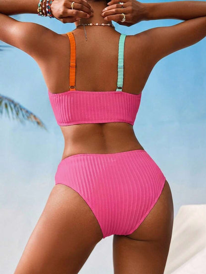 Women's V-Neck Textured Tankini Set - Ruched, Spaghetti Strap, High Waist, Multicolor