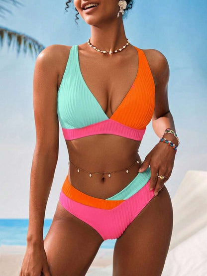 Women's V-Neck Textured Tankini Set - Ruched, Spaghetti Strap, High Waist, Multicolor