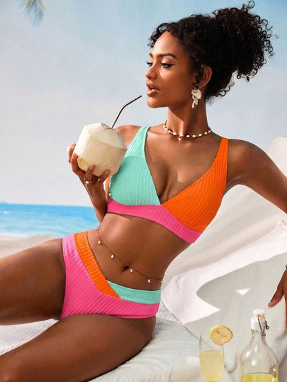 Swim Vcay Women V-Neck Textured Striped Bikini Set For Summer Beach Vacation