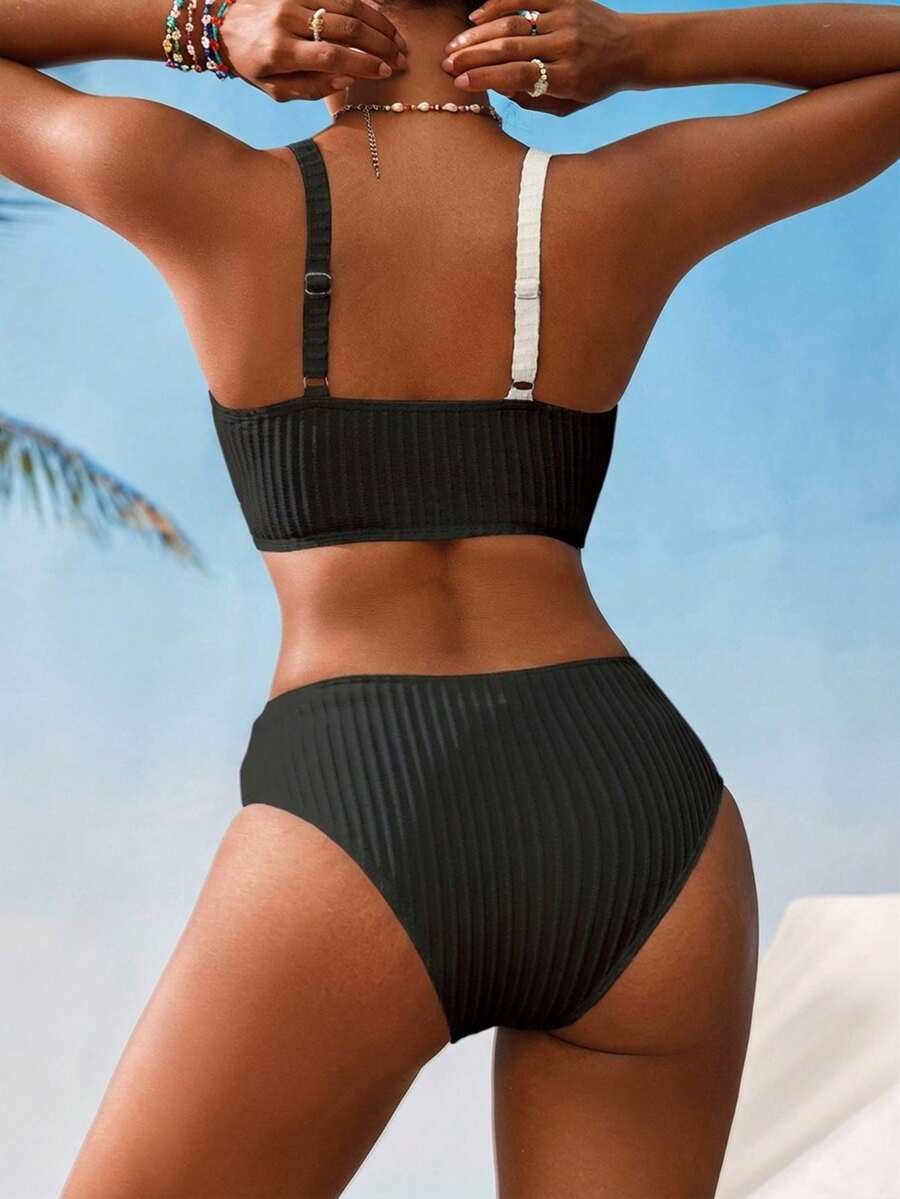 Swim Vcay Women V-Neck Textured Striped Bikini Set For Summer Beach Vacation
