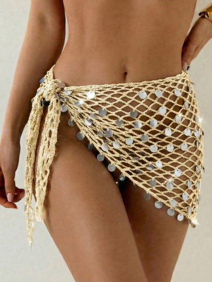 Swim Vcay Women's Crochet Sequin Laser Sheer Sarong Skirt, Suitable For Beach Holiday, Resort, Party, Music Festival Holiday Gold Summer