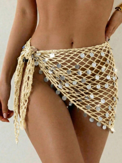 Swim Vcay Women's Crochet Sequin Laser Sheer Sarong Skirt, Suitable For Beach Holiday, Resort, Party, Music Festival Holiday Gold Summer