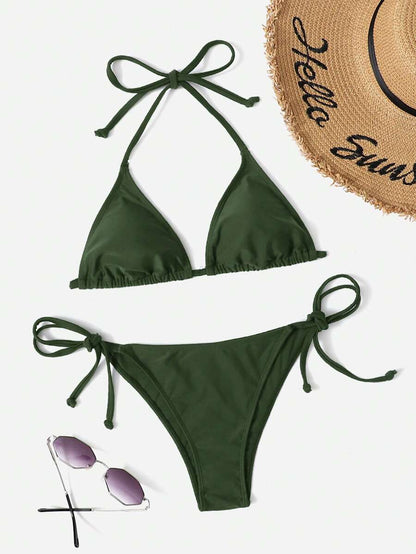 Women's Plain Halter Bikini Set - Knot Detail, Tie Side, Triangle Cup, Navy Blue