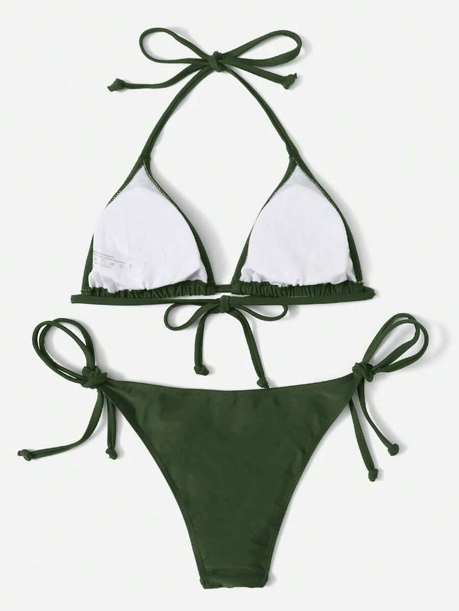 Women's 2-Piece Halter Bikini Set - Leopard & Floral Print, Tie Side, Triangle Cup, Multicolor