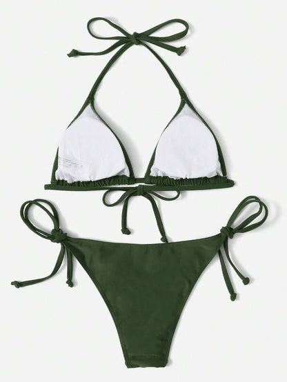 Women's 2-Piece Halter Bikini Set - Leopard & Floral Print, Tie Side, Triangle Cup, Multicolor