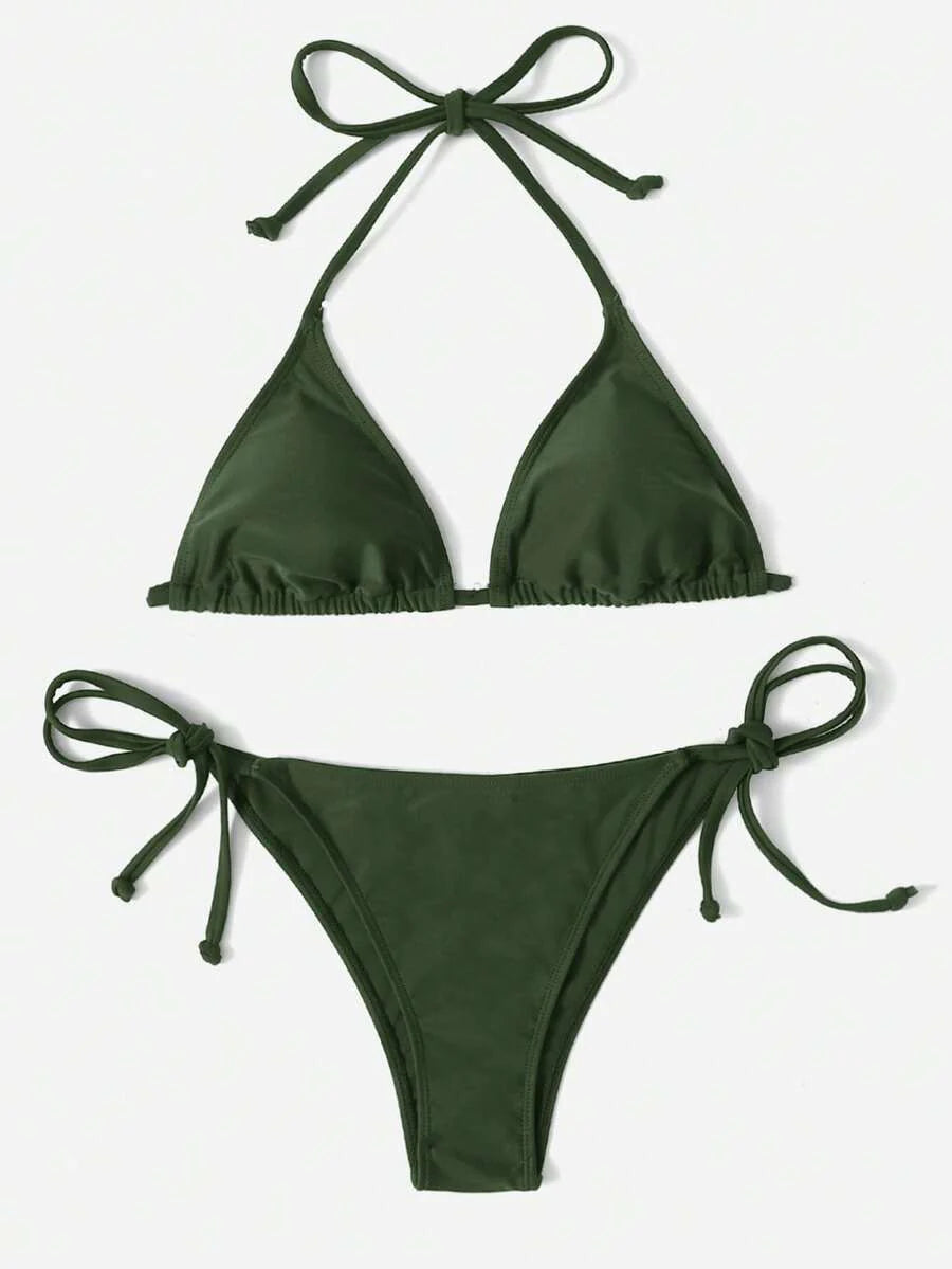 Women's Plain Halter Bikini Set - Knot Detail, Tie Side, Triangle Cup, Navy Blue