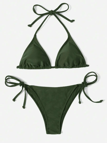 Women's Plain Halter Bikini Set - Knot Detail, Tie Side, Triangle Cup, Navy Blue