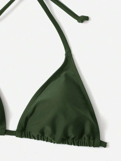 Women's Plain Halter Bikini Set - Knot Detail, Tie Side, Triangle Cup, Navy Blue