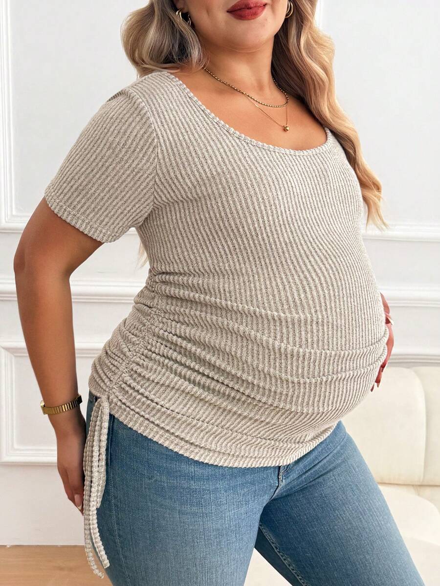 Plus Size Maternity Top - Scoop Neck, Short Sleeve, Drawstring, Slim Fit, Apricot