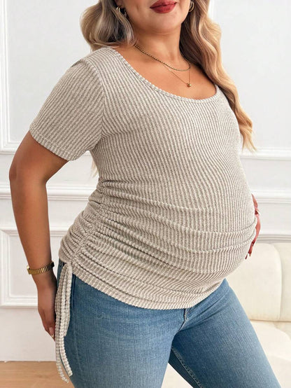 Plus Size Maternity Top - Scoop Neck, Short Sleeve, Drawstring, Slim Fit, Apricot