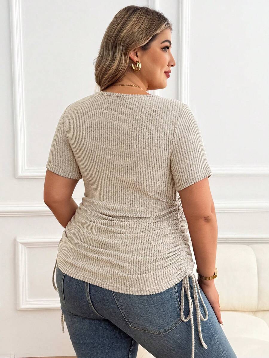 Plus Size Maternity Top - Scoop Neck, Short Sleeve, Drawstring, Slim Fit, Apricot