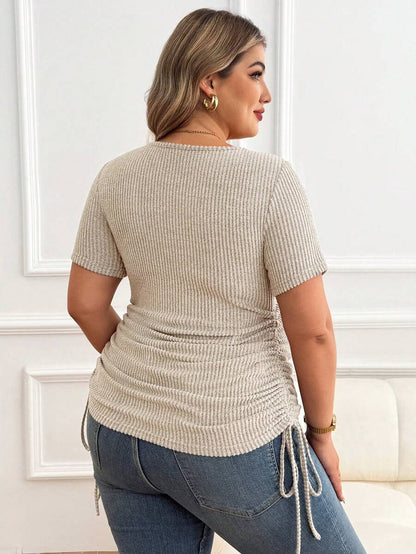 Plus Size Maternity Top - Scoop Neck, Short Sleeve, Drawstring, Slim Fit, Apricot