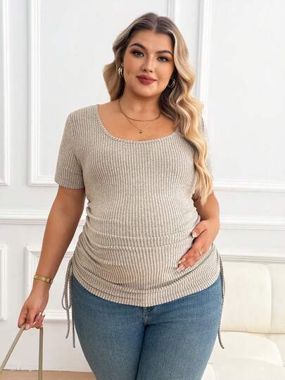 Plus Size Maternity Top - Scoop Neck, Short Sleeve, Drawstring, Slim Fit, Apricot