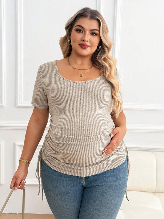 Plus Size Maternity Top - Scoop Neck, Short Sleeve, Drawstring, Slim Fit, Apricot