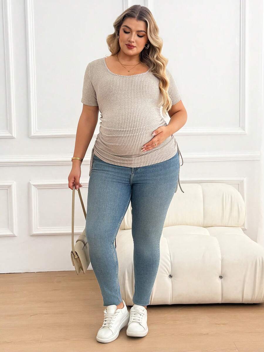 Plus Size Maternity Top - Scoop Neck, Short Sleeve, Drawstring, Slim Fit, Apricot