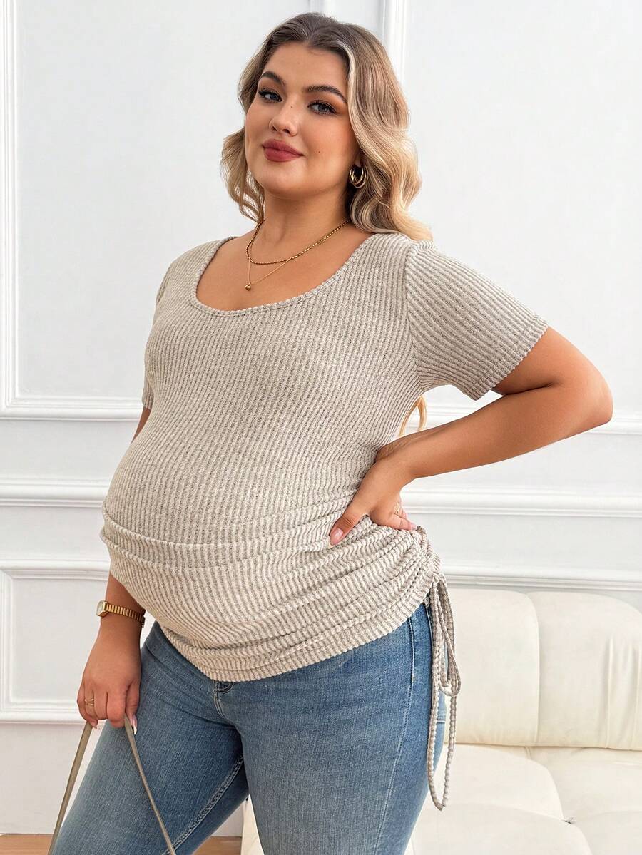 Plus Size Maternity Top - Scoop Neck, Short Sleeve, Drawstring, Slim Fit, Apricot