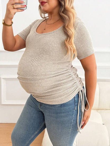 Plus Size Maternity Top - Scoop Neck, Short Sleeve, Drawstring, Slim Fit, Apricot