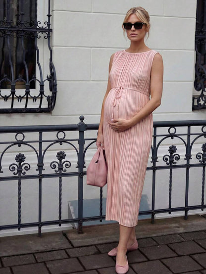 Maternity Pleated A-Line Midi Dress - Round Neck, Sleeveless, Belted, Slit Hem, White