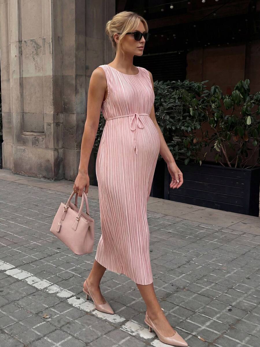 Maternity Pleated A-Line Midi Dress - Round Neck, Sleeveless, Belted, Slit Hem, White