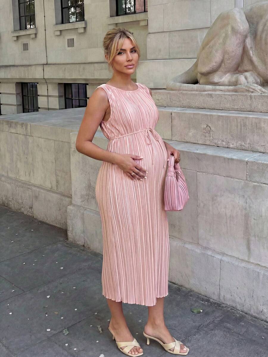 Maternity Pleated A-Line Midi Dress - Round Neck, Sleeveless, Belted, Slit Hem, White