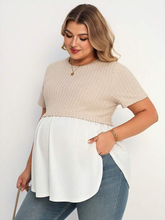 Plus Size Maternity Top - Round Neck, Short Sleeve, Ruched, Loose Fit, Contrast Color, Apricot