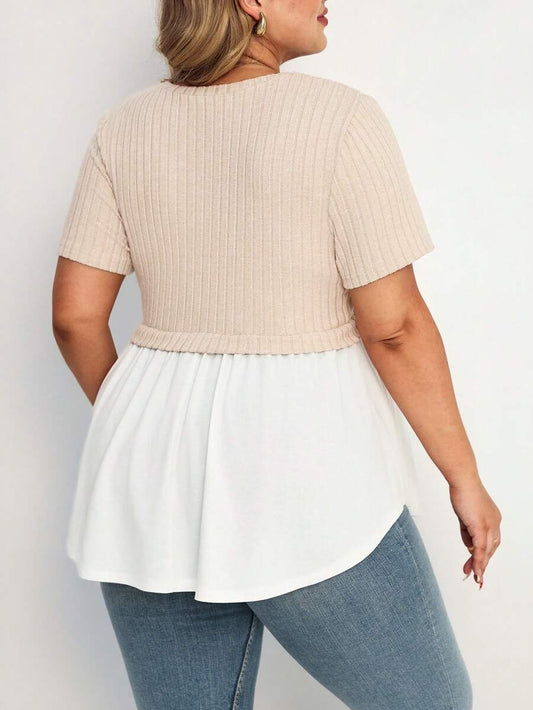 Plus Size Maternity Top - Round Neck, Short Sleeve, Ruched, Loose Fit, Contrast Color, Apricot