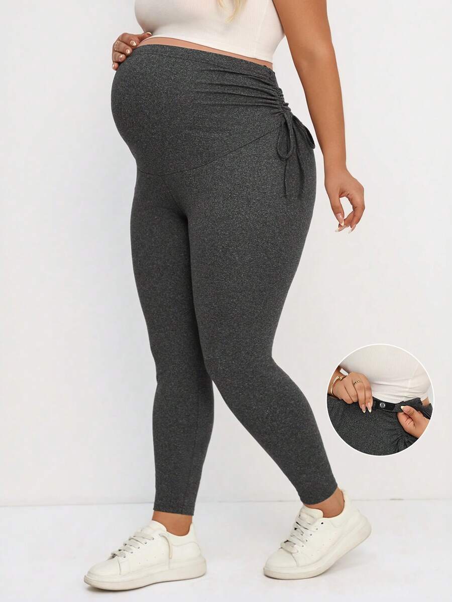 Plus Size Maternity Leggings - Drawstring Adjustable Waist, Belly Support, Slim Fit, Long, Dark Grey