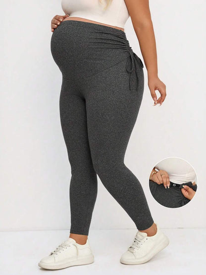 Plus Size Maternity Leggings - Drawstring Adjustable Waist, Belly Support, Slim Fit, Long, Dark Grey