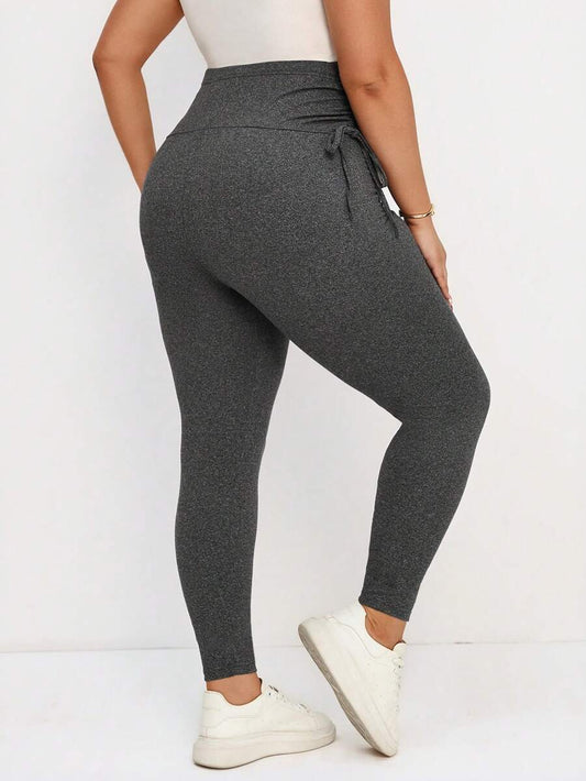 Plus Size Maternity Leggings - Drawstring Adjustable Waist, Belly Support, Slim Fit, Long, Dark Grey
