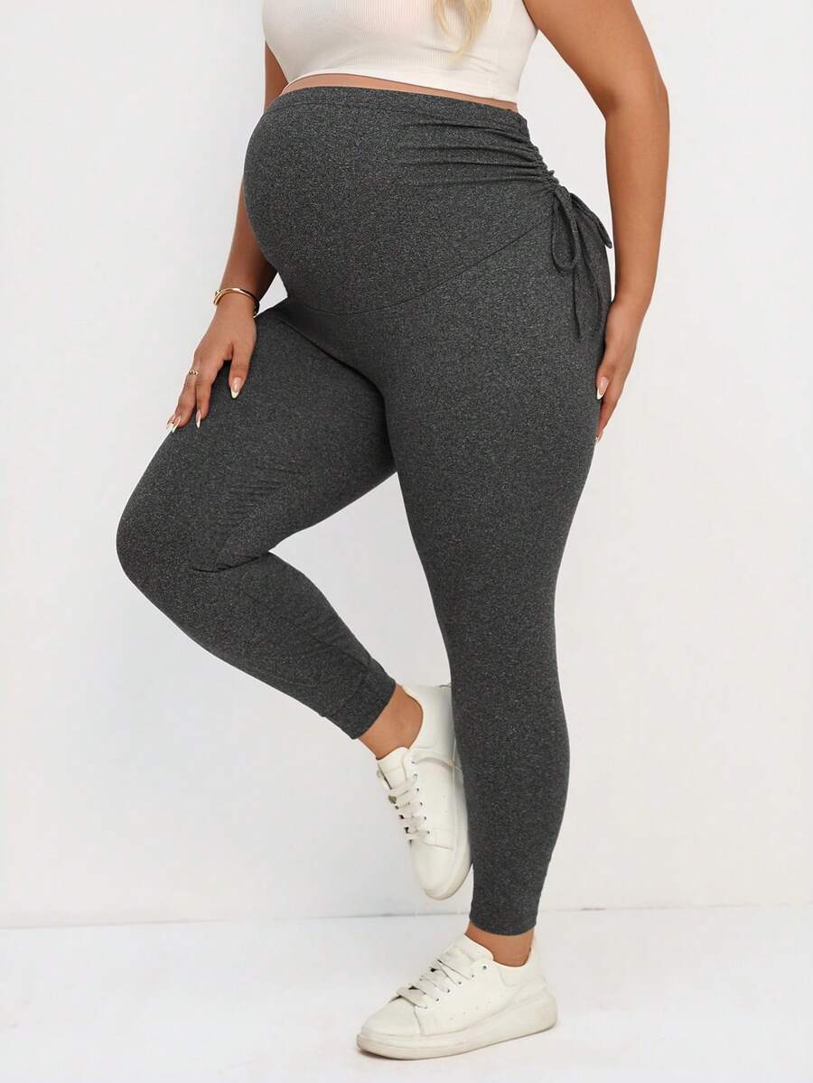 Plus Size Maternity Leggings - Drawstring Adjustable Waist, Belly Support, Slim Fit, Long, Dark Grey