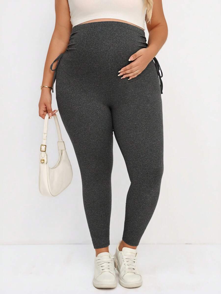 Plus Size Maternity Leggings - Drawstring Adjustable Waist, Belly Support, Slim Fit, Long, Dark Grey