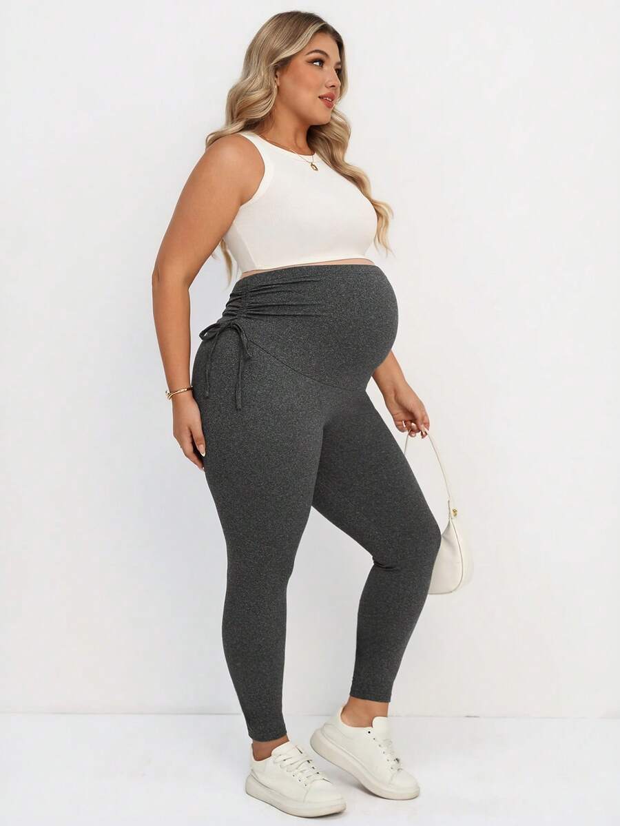 Plus Size Maternity Leggings - Drawstring Adjustable Waist, Belly Support, Slim Fit, Long, Dark Grey