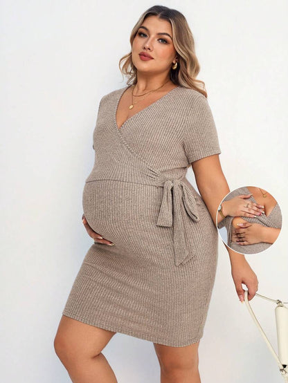 Women's Plus Size Ribbed Knit Maternity Dress - Summer Tie Wrap Nursing Dress