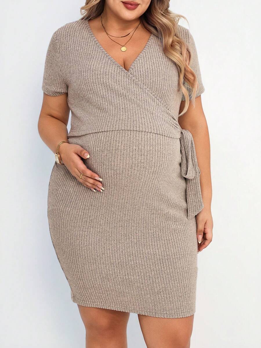 Women's Plus Size Ribbed Knit Maternity Dress - Summer Tie Wrap Nursing Dress