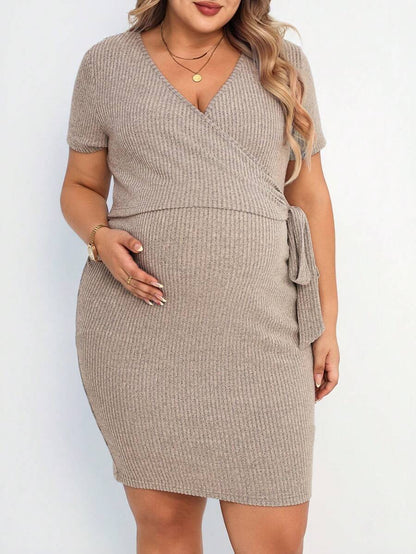Women's Plus Size Ribbed Knit Maternity Dress - Summer Tie Wrap Nursing Dress