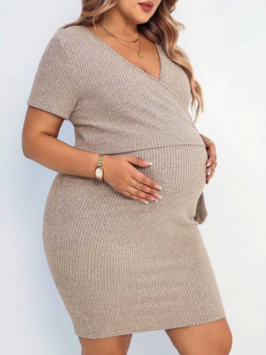 Women's Plus Size Ribbed Knit Maternity Dress - Summer Tie Wrap Nursing Dress